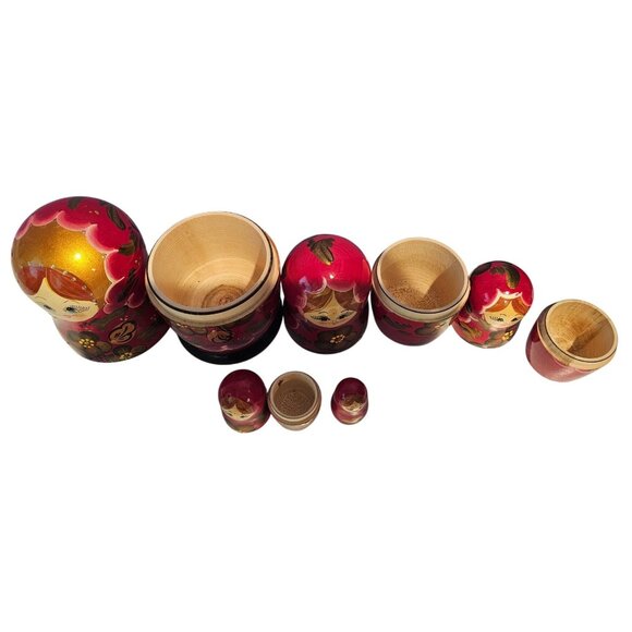 Hand-Painted Russian Matryoshka Nesting Dolls Set Of 5 Floral Design Glossy Red - Picture 5 of 16